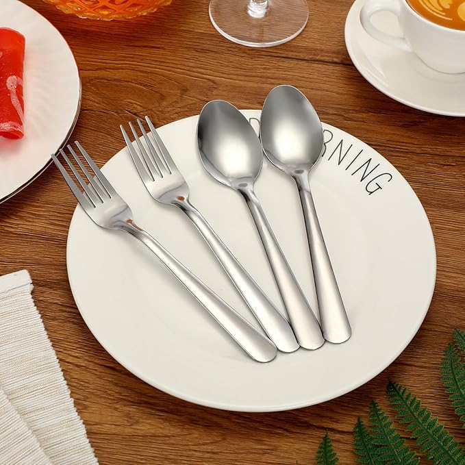 BBTO 200 Pcs Forks and Spoons Silverware Set Bulk Stainless Steel Flatware Cutlery Set 6.7'' Kitchen Utensils for Home Restaurant 50 Dinner Fork, 50 Teaspoon, Mirror Polished, Dishwasher Safe