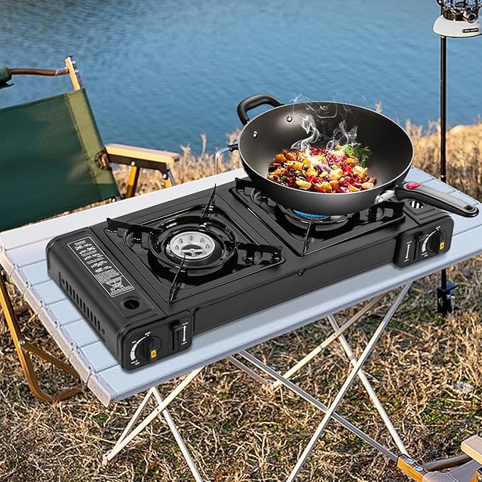 Camping Stove, Portable Butane Camping Stove, Propane Stove 2 Burner Propane Gas Stove, Double Auto Ignition Camping Burner LPG for RV, Apartments, Motorhome, Outdoor, Indoor