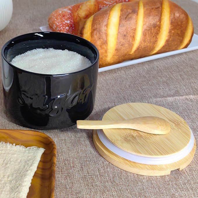 Sugar Bowl with Lid and Spoon, 16 OZ Airtight Sugar Container for Coffee Bar, Farmhouse Ceramic Jar, Sugar Holder Coffee Bar Accessories for Countertop, Black