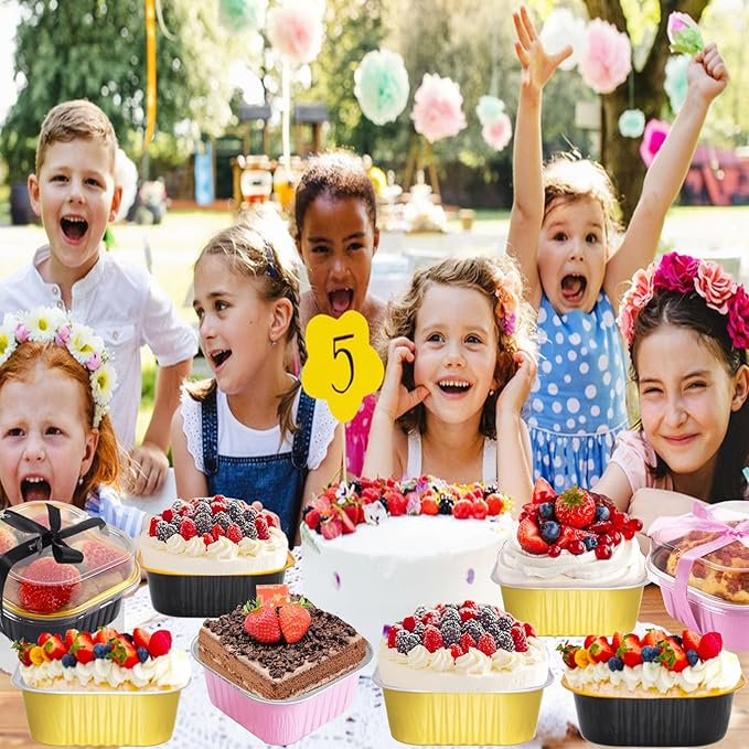 BZIDII 5oz Mini Cake Pans With Lids 50 Pack Aluminum Foil Square Brownie Baking Cups,Disposable Loaf Pans With Lids and Spoons Ribbon,Cupcake Pans Muffin Cake Tins Cake Container(Black)