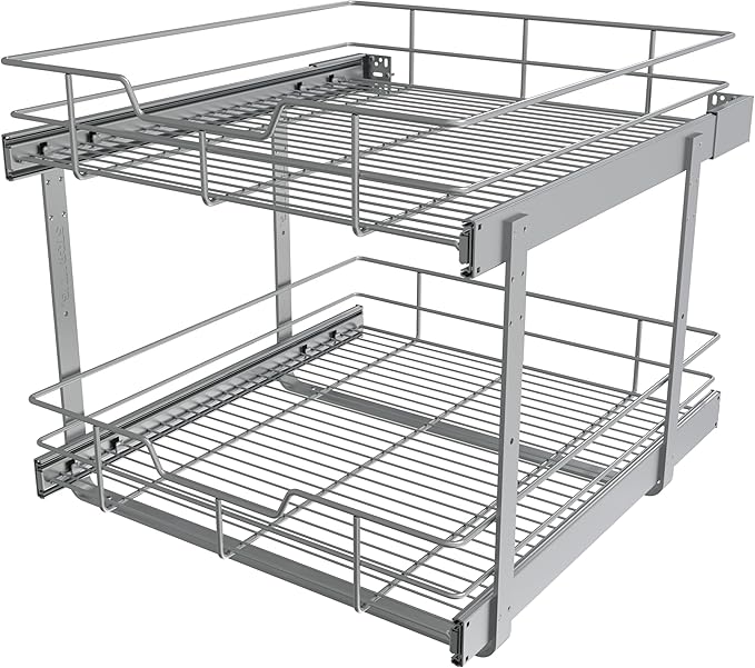 2 Tier Pull Out Cabinet Organizer 20" W X 22" D, Slide Out Drawers For Kitchen Cabinets, Pull Out Drawers For Cabinets Capacity Heavy Duty Caddy, Cabinet Pullout Shelves Chrome-Plated,Bathroom Pantry
