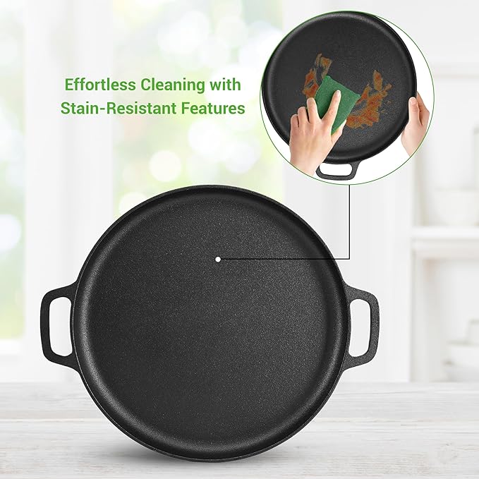 NutriChef 13-Inch Flat Cast Iron Pizza Pan - Versatile Pre-Seasoned Round Cooking Griddle w/Built-In Handles for Oven, Grill, Stove, and Campfires - Includes 2 Heat Safe Silicone Grips