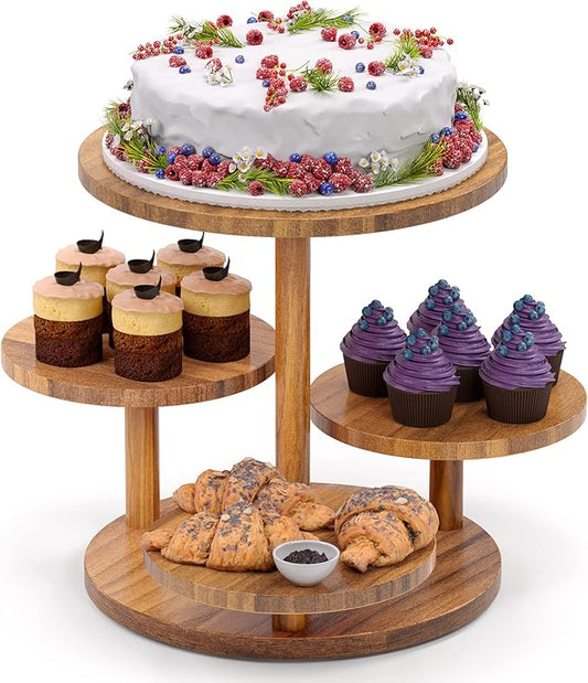 HURZMORO 4 Tier Cupcake Tower Stand for 50 Cupcakes,Wood Cake Stand with Tiered Tray Decor,Farmhouse Tiered Tray Decor,Cupcake Display for Birthday Graduation Baby Shower Tea Party (Albizia)