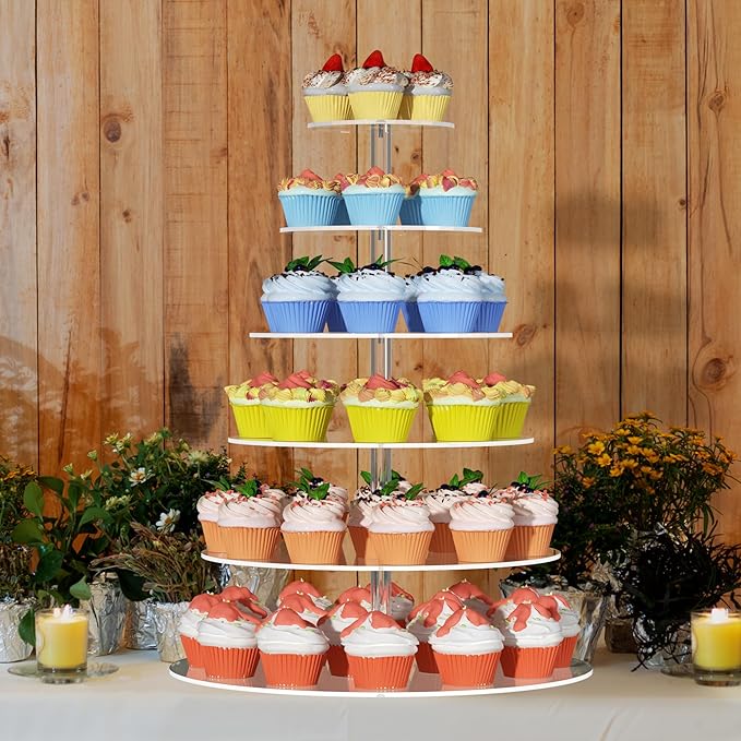 6 Tier Large Acrylic Round Cupcake Stand, Clear Wedding Cupcake Tower Stand, Cupcake Tier Stands for Dessert Table, Tiered Cupcake Holder Stand, Cupcake Display Stand for Birthday Party
