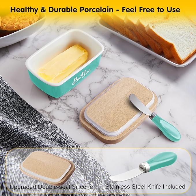 ALELION Turquoise Butter Dish with Lid and Knife for Countertop, Ceramic Butter Container with Beech Wood Lid, Airtight Butter Keeper for Counter or Fridge, for Teal Kitchen Decor and Accessories