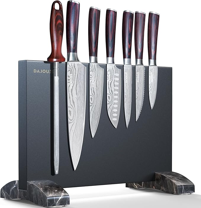 Black Knife Set With Block - 8 Pieces High Carbon Stainless Steel Magnetic Knife Set with Sharpener, Ultra Sharp Kitchen Knives Sets for Cooking with Ergonomic Handle