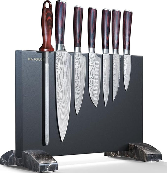 Black Knife Set With Block - 8 Pieces High Carbon Stainless Steel Magnetic Knife Set with Sharpener, Ultra Sharp Kitchen Knives Sets for Cooking with Ergonomic Handle
