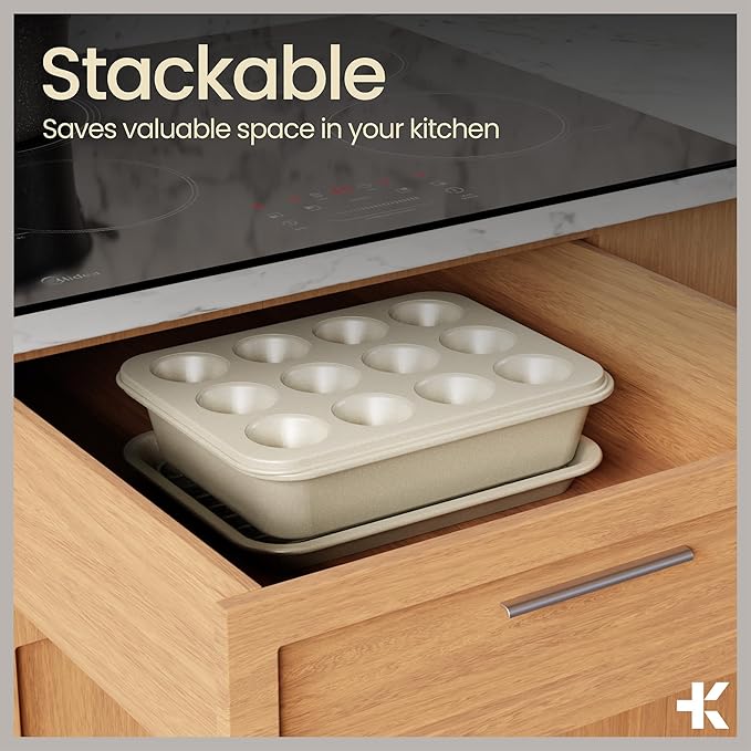 Bakken 4-Piece Bakeware Sets, Nonstick Carbon Steel Baking Sheet, Stackable Space-Saving Bakeware, Dishwasher Safe, Stain-resistant, PFOA, PFOS, & PTFE Free, Oven Safe Up To 450°F, White Marble