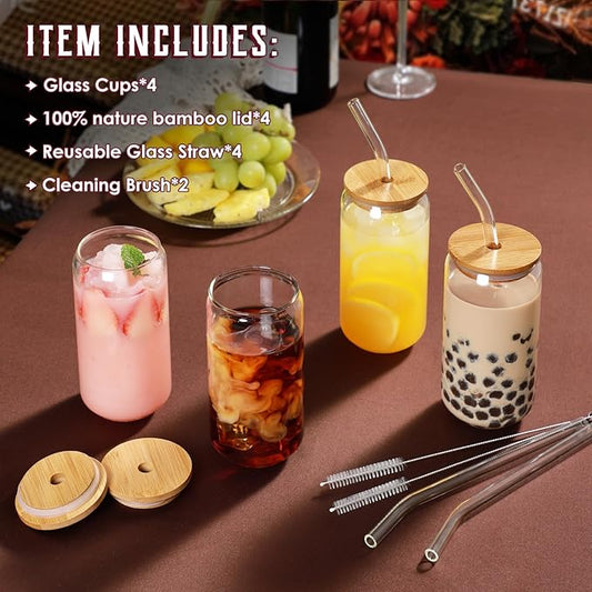 Drinking Glasses with Bamboo Lids and Glass Straw 4pcs Set - 16oz Glass Cups, Iced Coffee Glasses, Cute iced Tea Glasses, Beer Glasses, Ideal for Coffee Bar Accessories, Aesthetic Gift - 2 Brushes