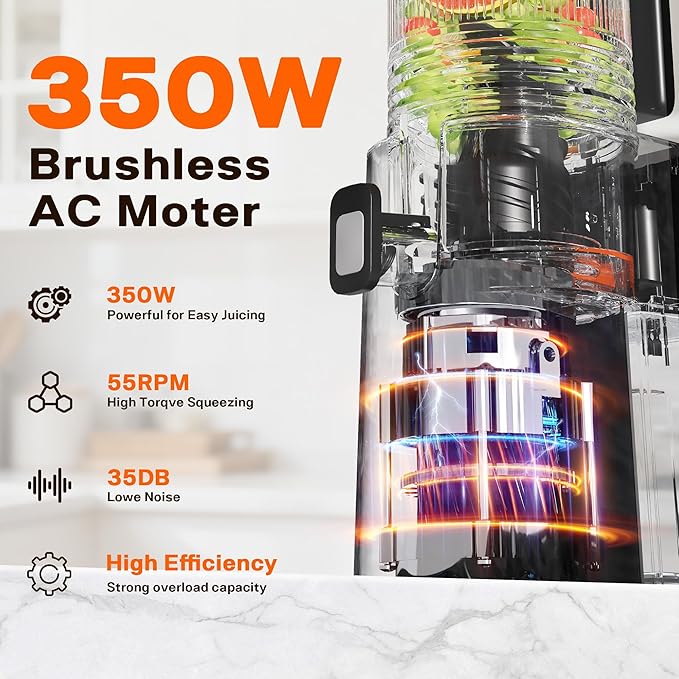 Cold Press Juicer, 5.5" Wide Feed Chute Juice Machine, High Juice Yield, Slow Masticating Juicer for Whole Vegetables & Fruits,Concealed Pulp Container Design for Aesthetic Appeal and Practicality