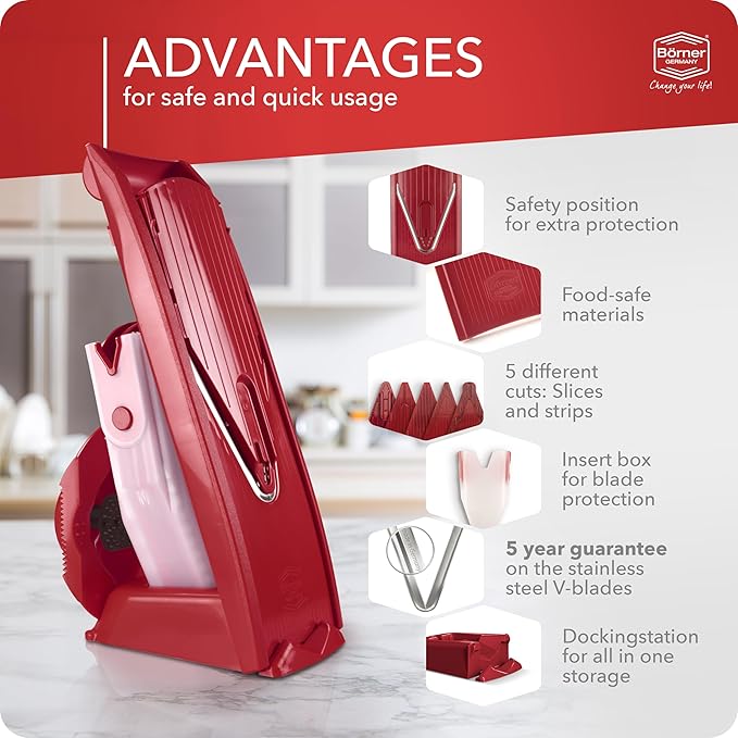 Börner Mandoline Slicer V1 (Professional Set) • V-Slicer with 4 Inserts, Fruit Holder, Docking Station, Box • Adjustable Vegetable Slicer • Cuts into Slices, Strips & Dices • Color: Red