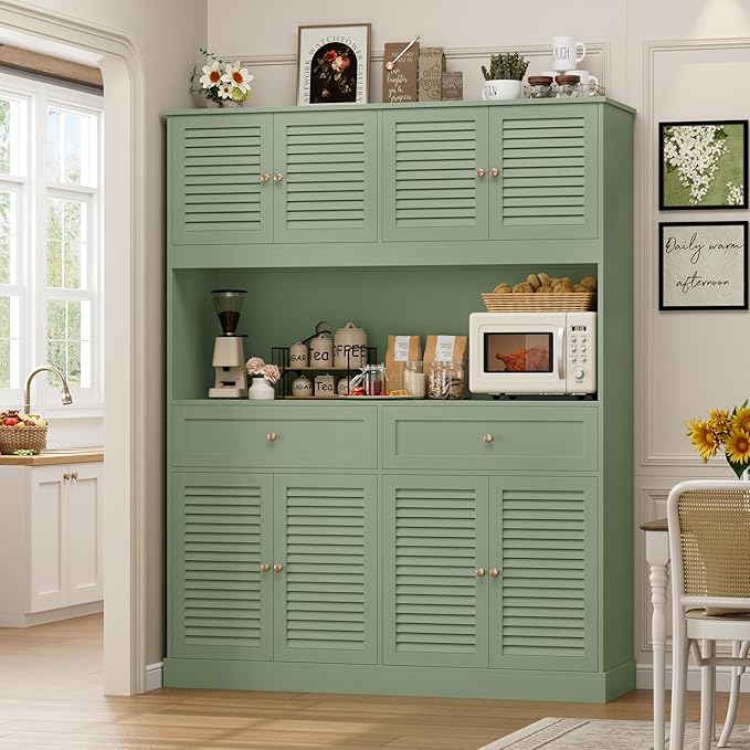 HIFIT 71" Hx55''W Large Kitchen Hutch Storage Cabinet, Farmhouse Coffee Bar Hutch with Microwave Stand, Tall Kitchen Pantry Cabinet with Louvered Doors, 2 Cable Holes, 2 Drawers, Green