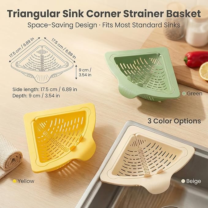 Magnetic Drainage & Filter Basket 2.0 Design, Corner Sink Strainer with Twist-Open Bottom, Triangular Drain Basket for Food Scraps & Rinsing Produce, Fits Metal Sinks (Green)