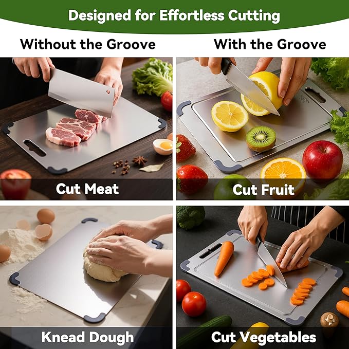 Stainless Steel Cutting Board, Double Sided Food Gradable Steel Cutting Boards for Kitchen with 2 Cleaning Scrapers, Metal Cutting Board with Grooves for Fruits (Medium)