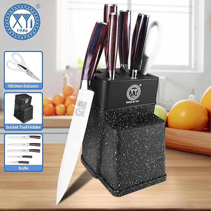XYJ Professional Knife Set With Block, Scissors, Kitchen Knife Block Set, Stainless Steel Japanese Paring Boning Slicing Bread Chef Knives Set, Wood Handle