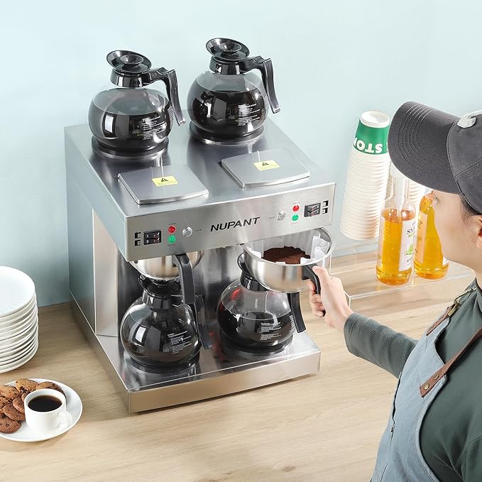 NUPANT Dual Drip Commercial Coffee Maker with Water Line 200 Cup/H 7.2L Auto-Filling Drip Coffee Maker Machine with 4 Carafes & 4 Warmers Stainless Steel Pour over Double Coffee Brewer for Restaurant