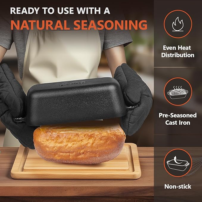 Lvmol 9.5×5 Inch Cast Iron Loaf Pan - Pre-Seasoned Sourdough Bread Baking Pan, Even Heat Distribution for Homemade Bread