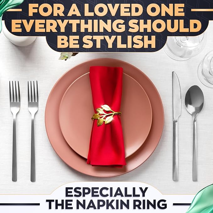 Easter Gold Napkin Rings Set of 12 - Gold Leaf Napkin Rings Set | Elegant Design Napkin Ring Holders for Easter Table Decorations, Festive Dinners, Special Events & Holidays, Kitchen Gifts for Hosts