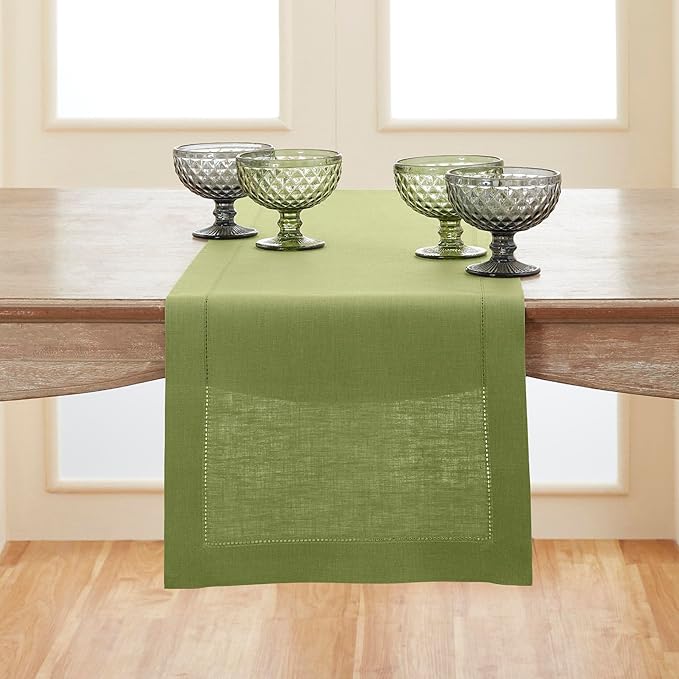 Solino Home Linen Moss Green Table Runner 144 Inches Long - 100% Pure Linen Extra Long Table Runner 14 x 144 Inch for Spring, St Patricks Day, Easter - Classic Hemstitch