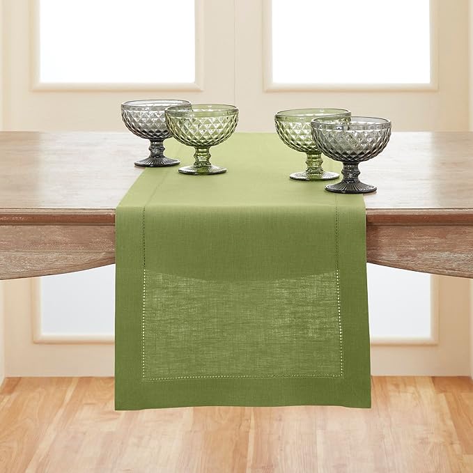 Solino Home Linen Moss Green Table Runner 120 Inches Long - 100% Pure Linen Hemstitch 14 x 120 Inch Table Runner for Dining, Winter, Spring, Easter, St Patricks Day - Classic Hemstitch