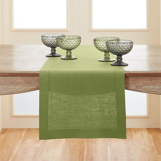 Solino Home Linen Moss Green Table Runner 120 Inches Long - 100% Pure Linen Hemstitch 14 x 120 Inch Table Runner for Dining, Winter, Spring, Easter, St Patricks Day - Classic Hemstitch