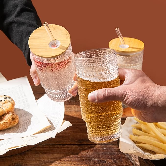 Drinking Glasses with Bamboo Lids and Glass Straw 2pcs Set,16oz Glass Tumbler Cups,Water Glasses,Iced Coffee Glasses,iced Tea Glasses,Beer Glasses,Ideal for Whiskey,1 Brushes