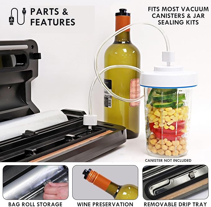 Kenmore Vacuum Sealer Machine - Food Saver Vacuum Sealer with Bags, Dry & Moist Modes, 7 Preset Settings, Includes Bag Roll, Bottle Stopper, Stainless Steel Envasadora al Vacío for Meat