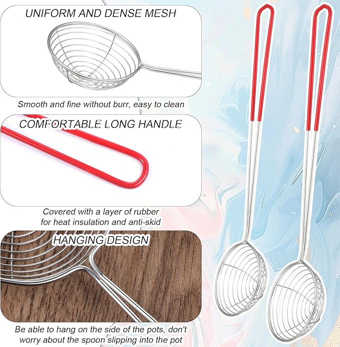2Pcs Stainless Steel Hot Pot Strainer Spoons, 2 Sizes Fatsoff Soup Scoop Boba Spoon Scoop with Handle Ladle Wire Cooking Spider Skimmer Spoon for Hot Pot, Kitchen, Meatball, Oil Filter