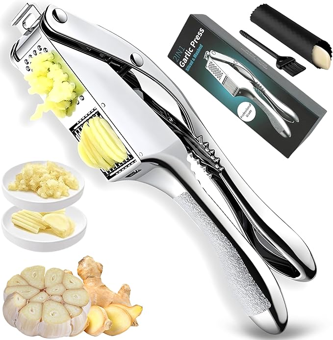 Premium 3-in1Heavy Duty Garlic Press –Stainless Steel Garlic Crusher & Ginger Mincer with Cleaning Tool | Rust-Proof, Easy-Squeeze Ergonomic Handles, Dishwasher Safe, Professional Kitchen Tool