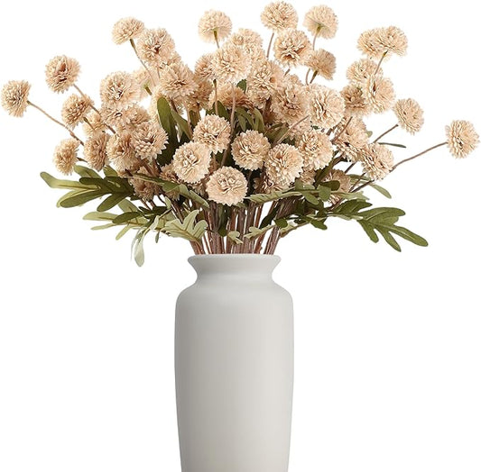 Beige Fake Flowers Long Stem 10PCS, Artificial Flowers Silk Mini Chrysanthemums for Vase, Fake Pompon Mums Vintage Dried Faux Decorative for Home Centerpieces Farmhouse