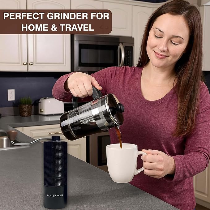 Pop and Party Manual Coffee Grinder - Stainless Steel Conical Burr Hand Mill for Espresso & French Press - Adjustable & Portable