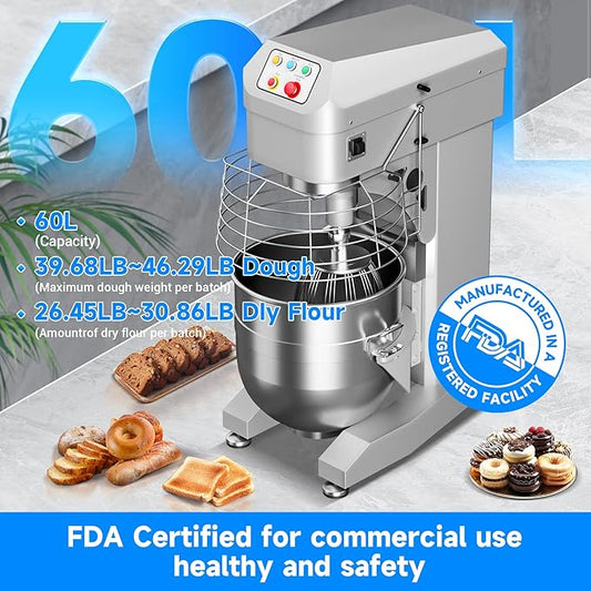 Ekway 60Qt Commercial Food Mixer, 3500W Heavy Duty Dough Mixer 3-Speeds Adjustable,Electric Commercial Stand Mixer with Stainless Steel Bowl for Kitchenaid Bakery and Pizzeria,220V