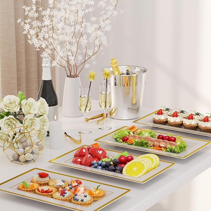 6 Sets Plastic Serving Trays with Serving Tongs, White & Gold Rim Disposable Plastic Serving Platters for Food Fruit Dessert Tea Party Wedding