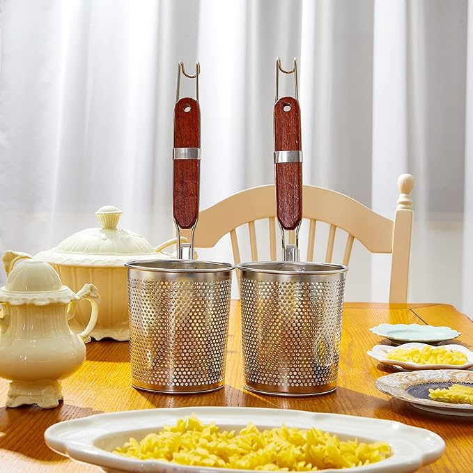Tessco for you 6 Pcs Stainless Steel Pasta Basket with Wood Handle Pasta Strainer Kitchen Mesh Spider Noodle Strainer Skimmer Food Dumpling Noodle Blanching Basket(4.7 Inch,Red Brown)