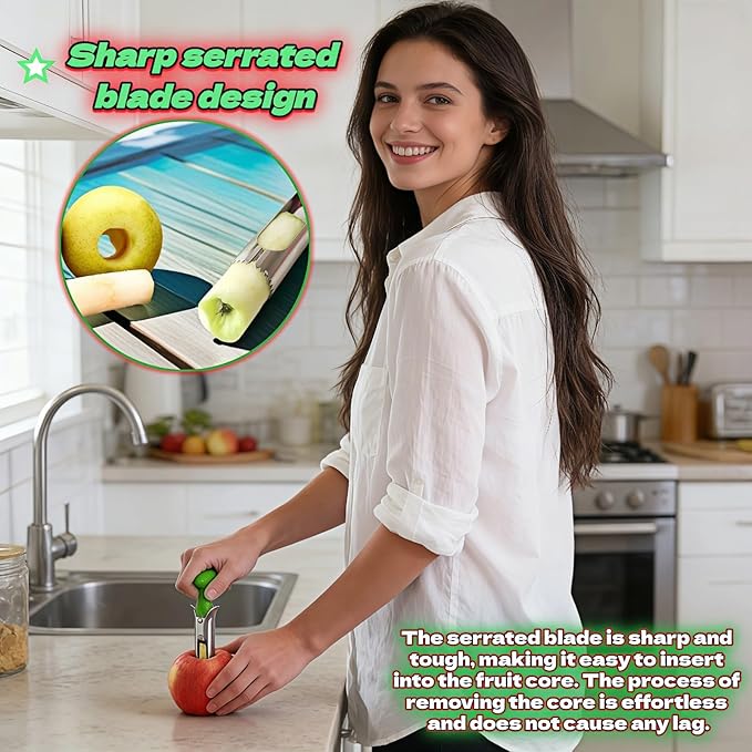 Apple Corer, Stainless Steel Apple Corer and Divider with Sharp Serrated Blade – Easy to Use – Core Remover Tool for Apples, Pears, Cupcakes – Heavy-Duty Kitchen Gadget for Baking, Cooking (Green)