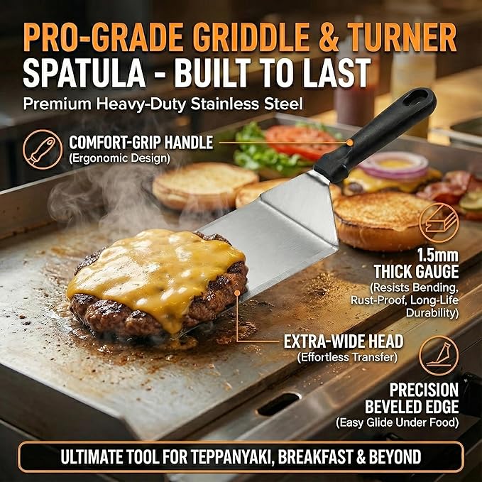 Smash Burger Press Kit - 12pc Stainless Steel Griddle Accessories Set with Scraper, Squeeze Bottle, Wide Spatula, 100 Patty Papers - Professional BBQ Tools for Blackstone Flat Top Grill & Camping