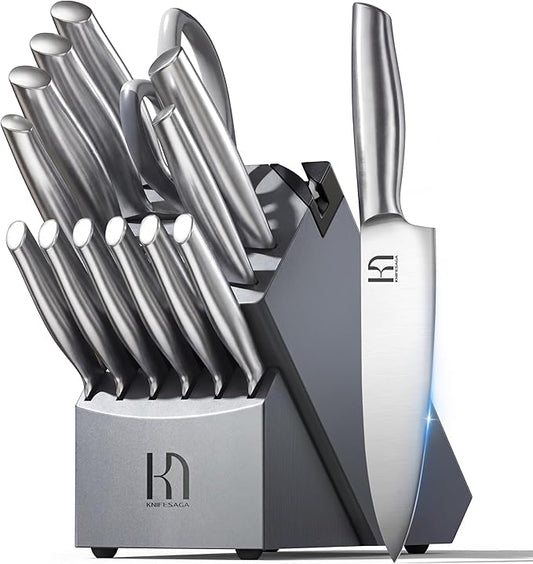 Knife Set, 14 Pcs Premium Japanese High Carbon Stainless Steel Kitchen Knife Set, Razor Sharp Knife Block Set with Built-in Sharpener, Quality Acacia Wood Block Knife Sets Ergonomic Handle