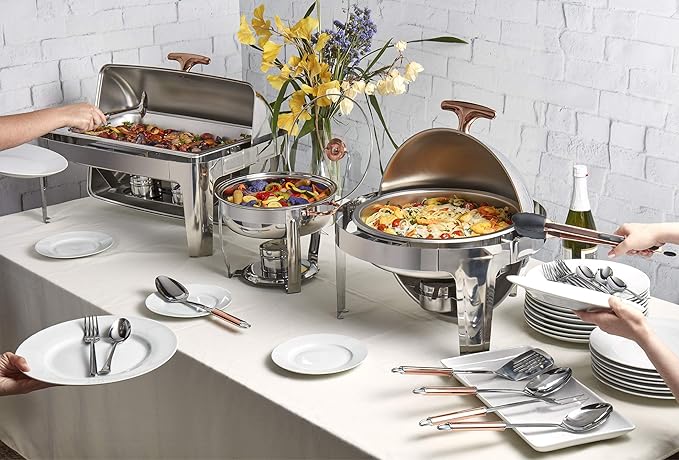 Denmark Tools for Cooks Celebrations Cookware Collection 5 Piece 6.3-Quart Heavy Gauge Stainless Steel Round Chafing Dish Set with Roll Top Lid for Entertaining & Catering