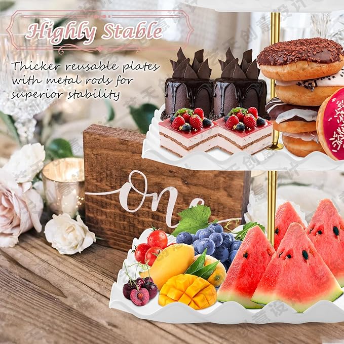 PinCute 5 Pcs Dessert Table Display Set - 2 X Cupcake Stand Holder/Cup Cake Tier Tower & 3 X Serving Tray Combo for Tea Party, Birthday, Baby Shower (Wave Square)