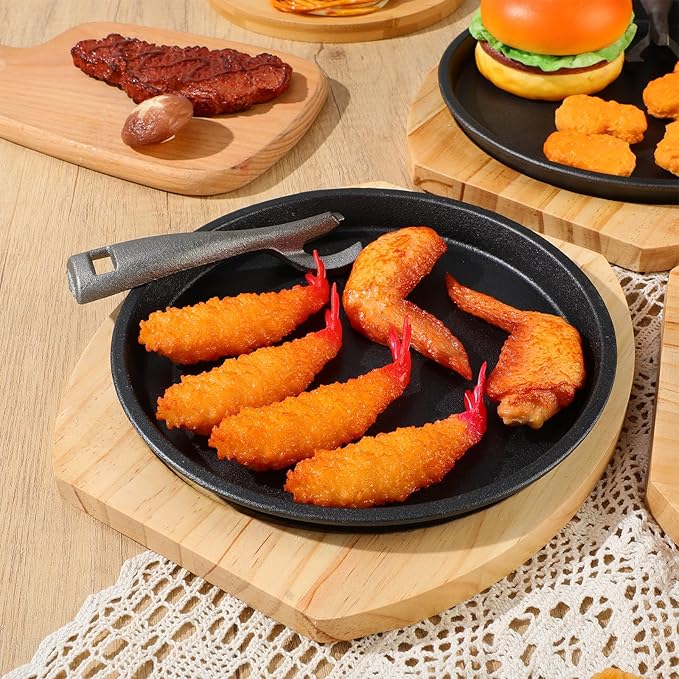 Mimorou 2 Set 8.7 Inch Cast Iron Fajita Plate Set with Wooden Base Anti Scald Protection Removable Handle Fajita Plate Sizzling Pan Cast Iron Skillets Sets for Home Restaurant Kitchen BBQ Cooking
