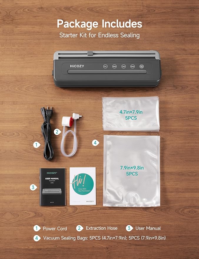 HiCOZY Compact Vacuum Sealer for Food, 5-in-1 Functions Vacuum Sealer with Detachable Drip Tray, Double Heat Seal, Built-in Cutter, 10 BPA-Free Bags, Space Gray