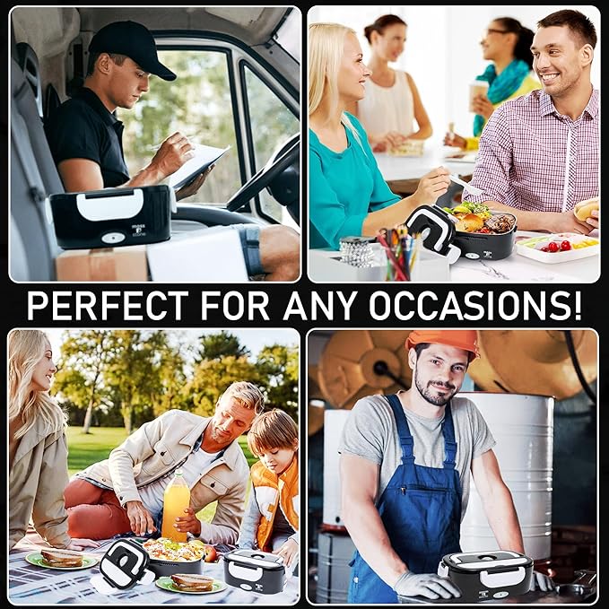 Moss & Stone Electric Lunch Box Food Heater for Adults Black & White Food Warmer Lunch Box, 12/24/110v Lunch Box Warmer Portable For Work/Car/Truck, Fork & Spoon & 1.5L Removable S.S Container