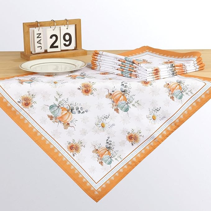 Fall Pumpkin Napkins, 18×18 Inch Dinner Cloth Napkins Set of 12, Washable Cotton Soft Absorbent Square Table Top Decoration for Dining Kitchen Party Wedding