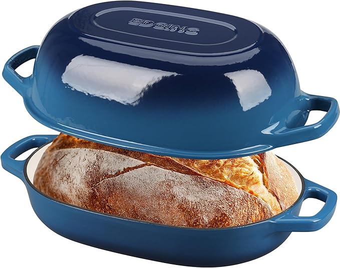 EDGING CASTING Enameled Cast Iron Oval Dutch Oven Pot with Lid, Dutch Oven for Sourdough Bread Baking, Oval Bread Pan, Bread Oven, Bread Dutch Oven, 7qt, Lake Blue