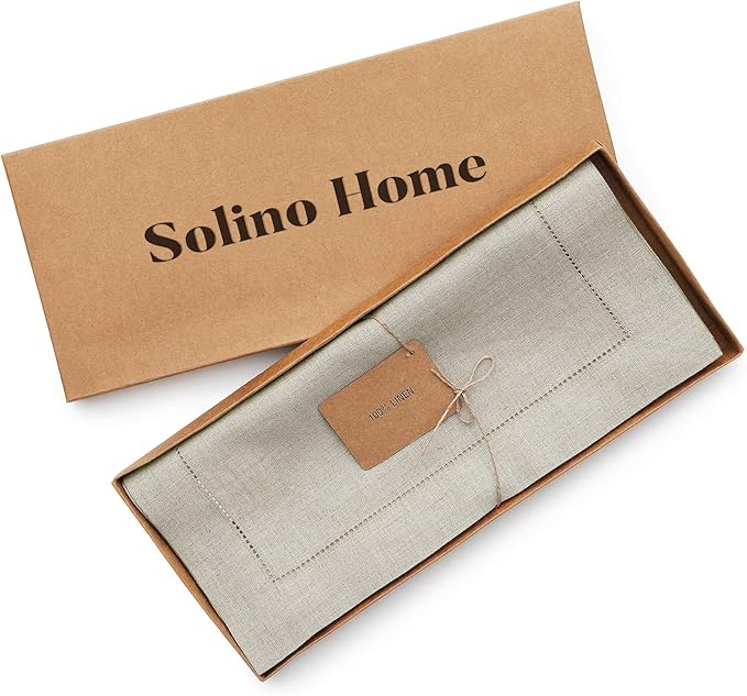 Solino Home Linen Natural Table Runner 132 Inches Long - 100% Pure Linen Extra Long Table Runner 14 x 132 Inch for Spring, Easter - Classic Hemstitch