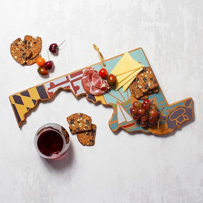 Totally Bamboo Maryland State Shaped Cutting Board and Charcuterie Serving Platter with Artwork by Summer Stokes, Includes Hang Tie for Wall Display