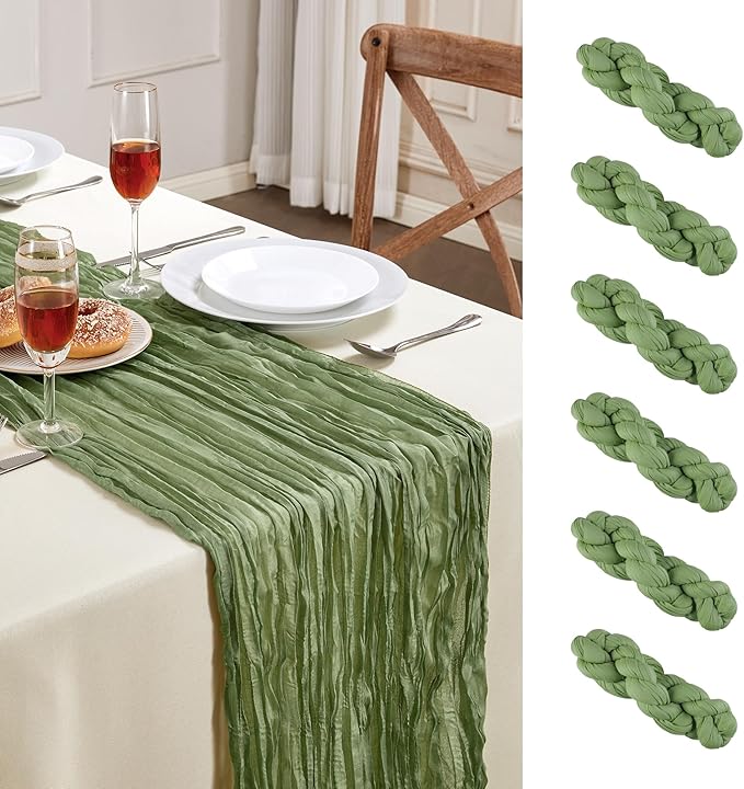 6 Pack Sage Green Valentine's Day Cheesecloth Table Runner 10FT Long Boho Gauze Table Runner Rustic Sheer Runner for Spring Wedding Bridal Baby Shower Birthday Party Table Decor Easter Decorations