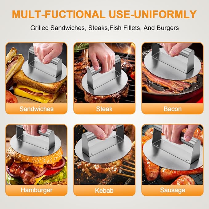 Whaleme Stainless Steel Burger Press 6.2" Round Smash Burger Press- Pro Non-Stick Burger Smasher for Blackstone/Flat Top Grill, Perfect for Burgers, Bacon | Dishwasher Safe Grill Press