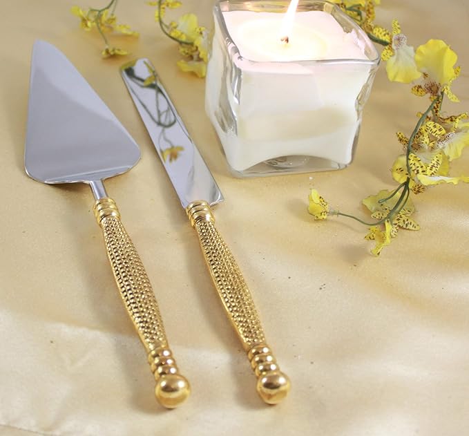 Server Set, Cake, Pie, Desert Flatware Set, String of Beads Design, 2-piece 18/10 Stainless steel with brass handles (light antique gold finish)…