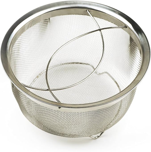 RSVP International Mesh Colander Strainer Basket with Folding Handles, 3 Quarts | For Pasta, Frying, & Salads | Dishwasher Safe | Use in Pressure Cookers | Steaming, Draining & Rinsing